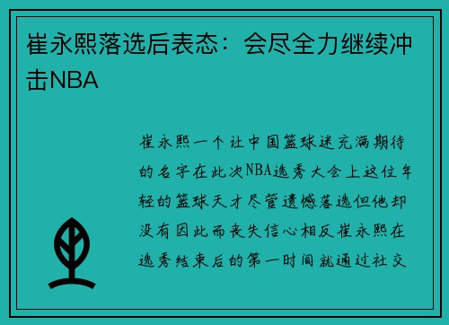 崔永熙落选后表态:会尽全力继续冲击NBA
