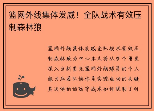 篮网外线集体发威!全队战术有效压制森林狼
