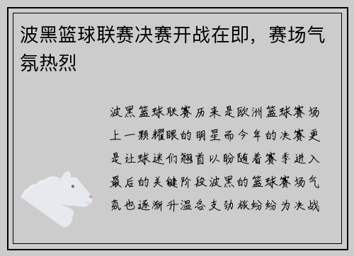 波黑篮球联赛决赛开战在即,赛场气氛热烈
