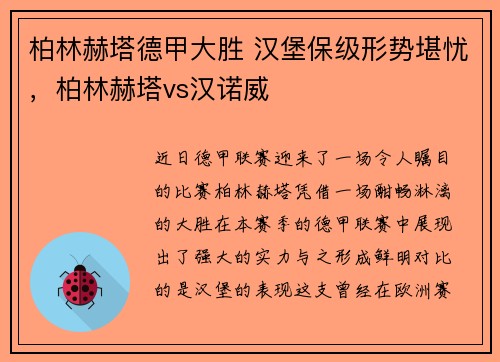 柏林赫塔德甲大胜 汉堡保级形势堪忧,柏林赫塔vs汉诺威