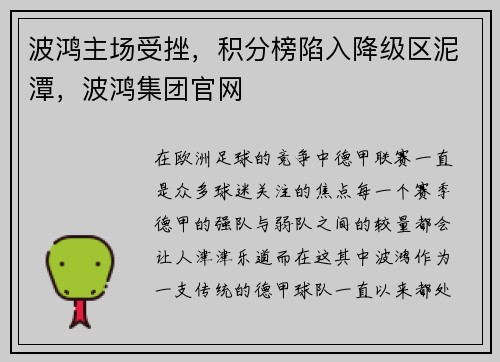 波鸿主场受挫,积分榜陷入降级区泥潭,波鸿集团官网