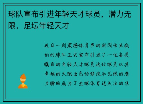 球队宣布引进年轻天才球员,潜力无限,足坛年轻天才