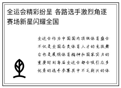 全运会精彩纷呈 各路选手激烈角逐 赛场新星闪耀全国